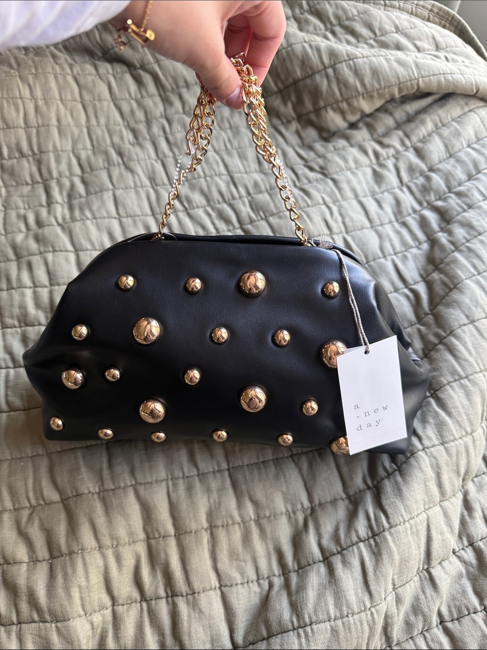 a new day Black Studded Mini Frame Bag with Gold Chain Handle